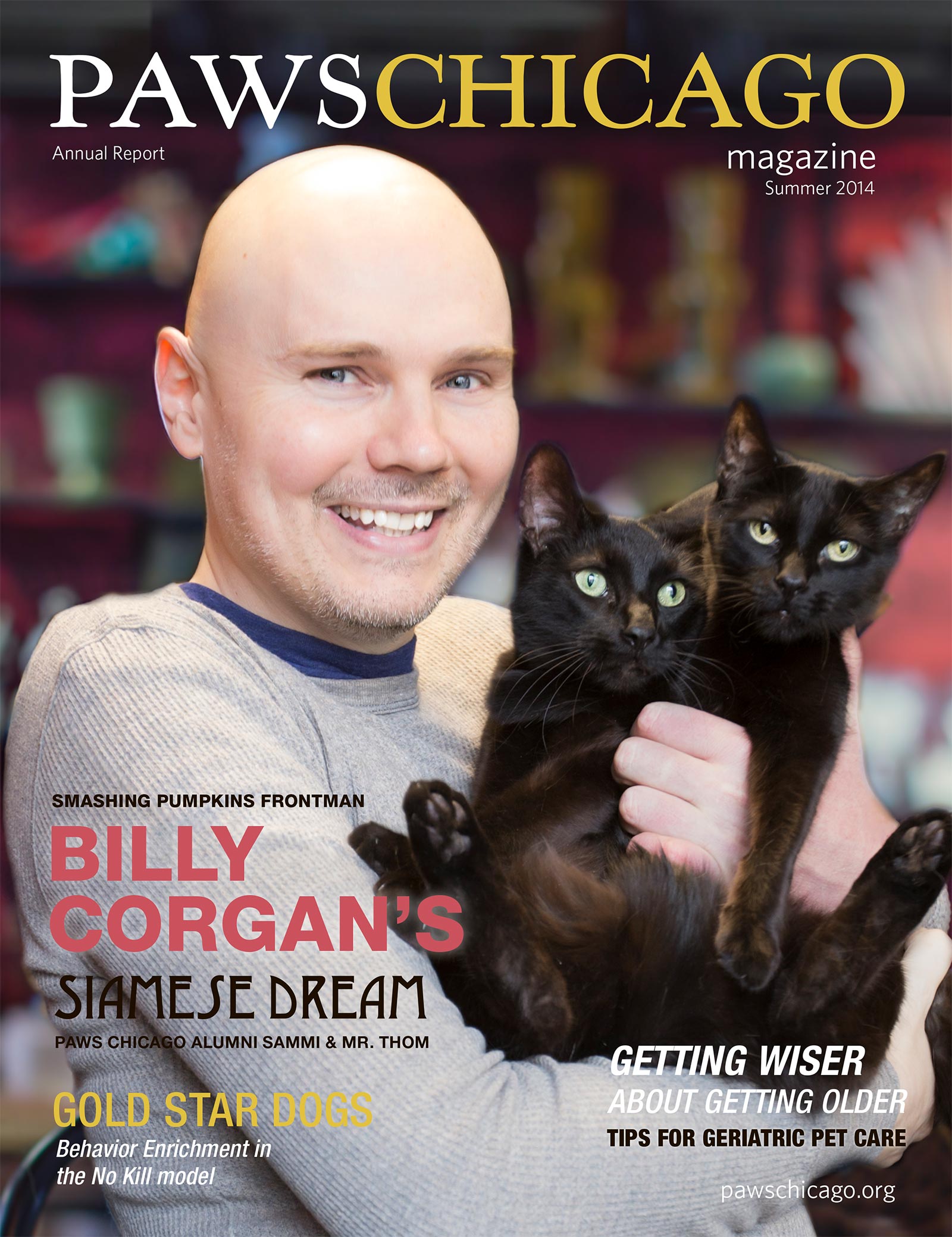 Billy Corgan poses for PAWS Chicago magazine cover